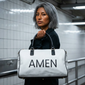 christian leather travel bag — "amen" & cross design weekender